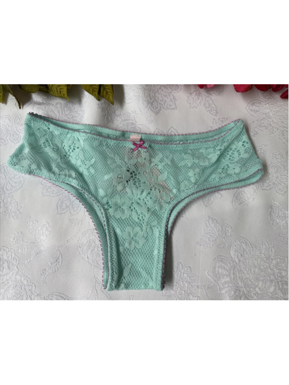 VICTORIA'S SECRET XS TEASE TURQUOISE BLUE PINK TRIM LACE CHEEKY PANTIES NWT